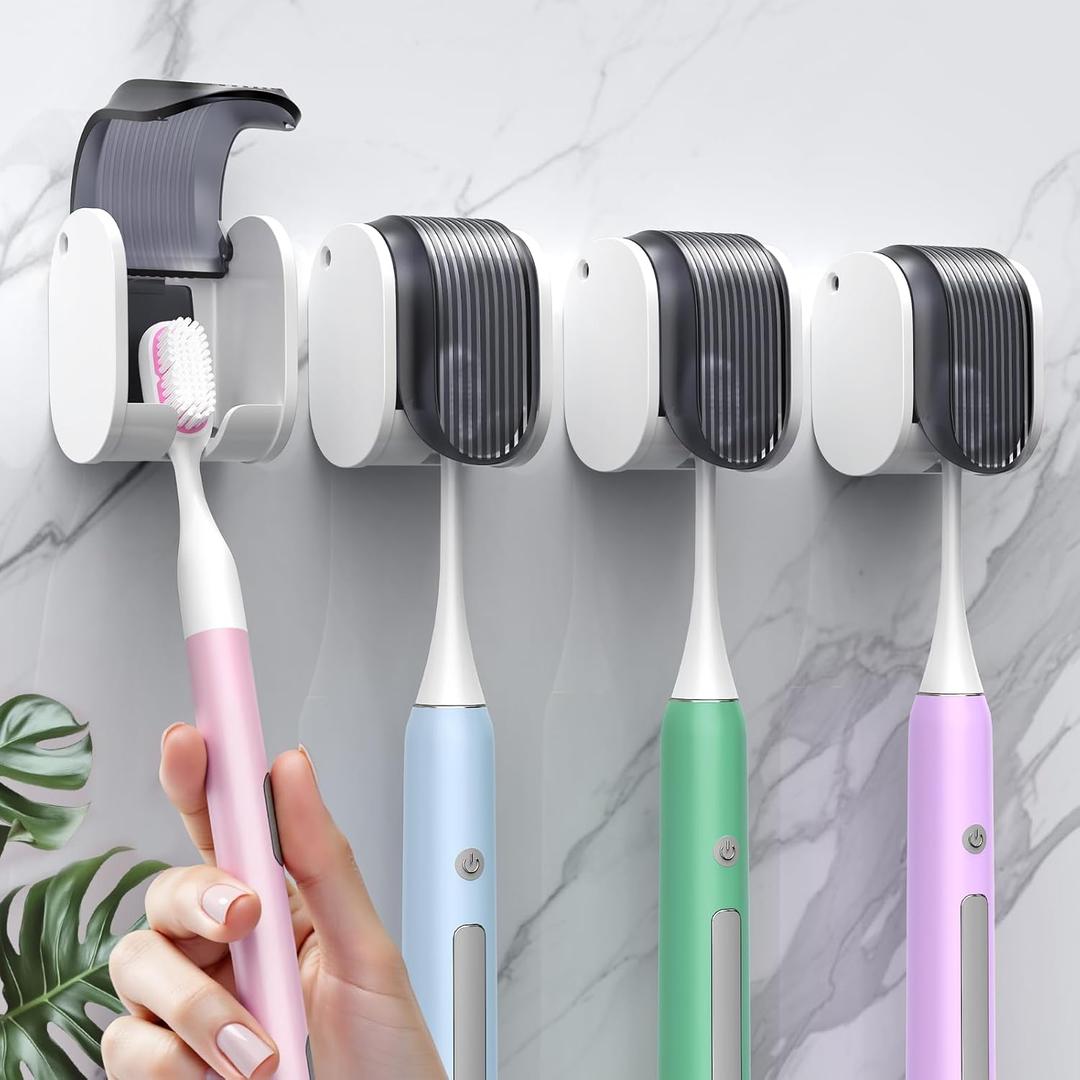 4 Pcs Toothbrush Holders Wall Mounted, Single Slot Design, Shower Self Adhesive Wall Mounted Toothbrush Holder with Cover, Waterproof and Dustproof, Suitable for Bathroom, Family, Travel (Grey)