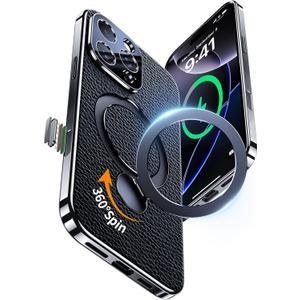 RUIMMU for iPhone 16 Pro Max Case, Genuine Leather Case with 360 Rotatable Kickstand for iPhone 16 Pro Max, Wireless Charging Compatible Black