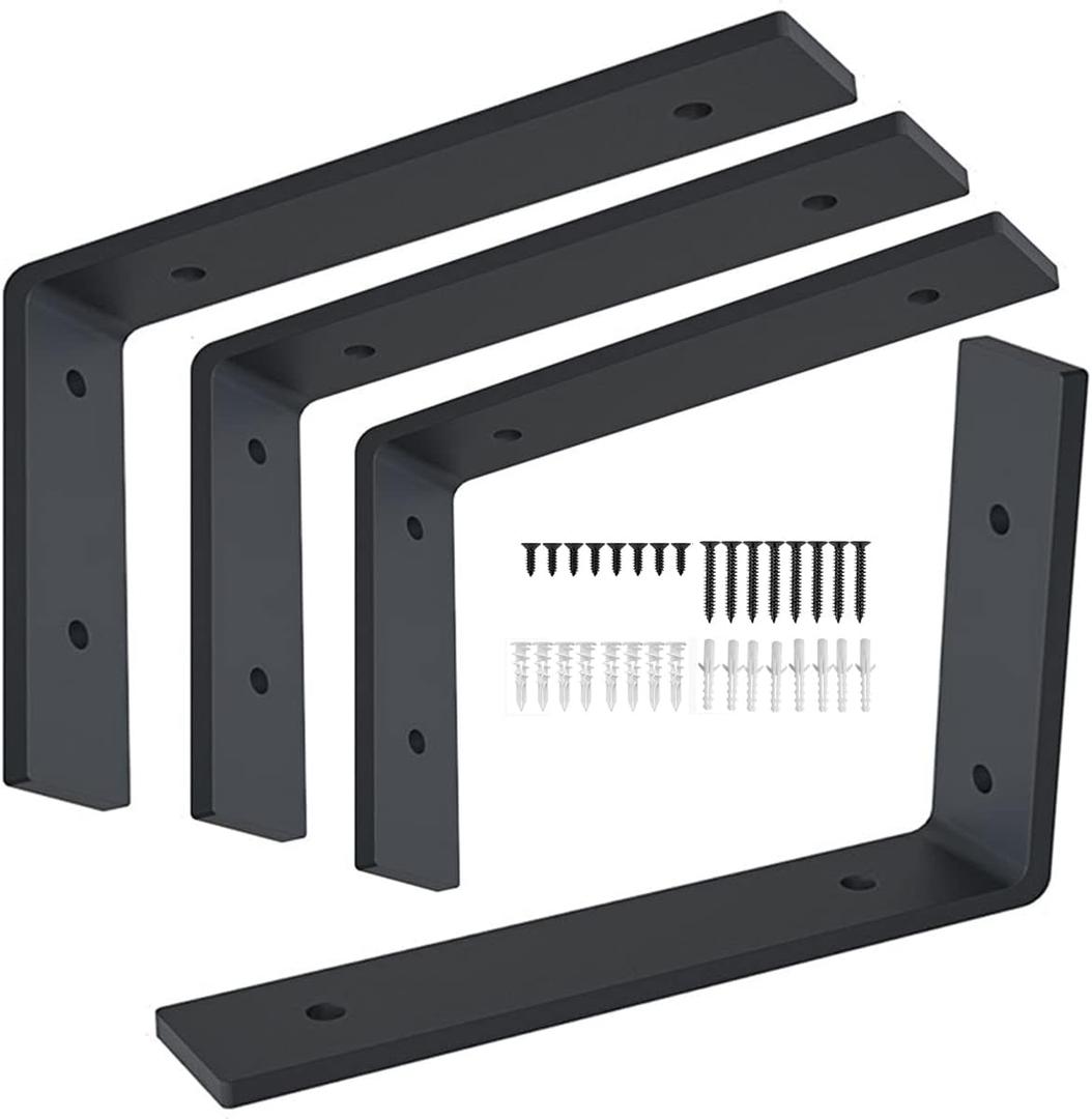 12 Inch Shelf Bracket Heavy Duty L Shelf Bracket 12 x 8 Inch Metal Shelf Bracket with Hardware, Black, 4 Pack