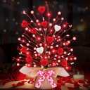 Valentines Day Decorations,Timer Lighted Valentine's Day Tree Tabletop with 20 Red Lights Battery Operated 16 Inch 12 Heart 48 Pink Berries Artificial Tree Valentine's Day Decor Home Party Wedding
