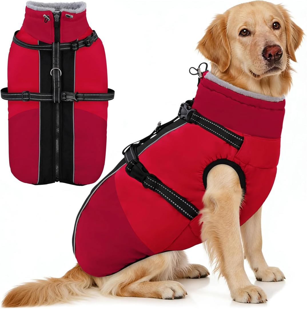 AOFITEE Dog Coat for Large Dogs, Waterproof Dog Winter Jacket with Built in Harness, Warm Turtleneck Cold Weather Coats Large, Reflective Fleece Lined Snow Jacket for French Bulldog, Boston Terrier, L (Red)