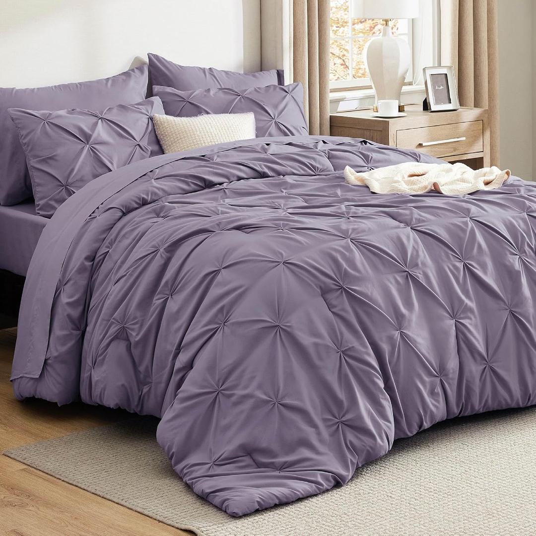 Bedsure Full Comforter Set Grayish Purple - Bed in a Bag Full Size Bedding Set 7 Pieces, GentleSoft Pintuck Bed Set Gift for Family, Pinch Pleat All Season Comforter with Sheets, Pillowcases & Shams