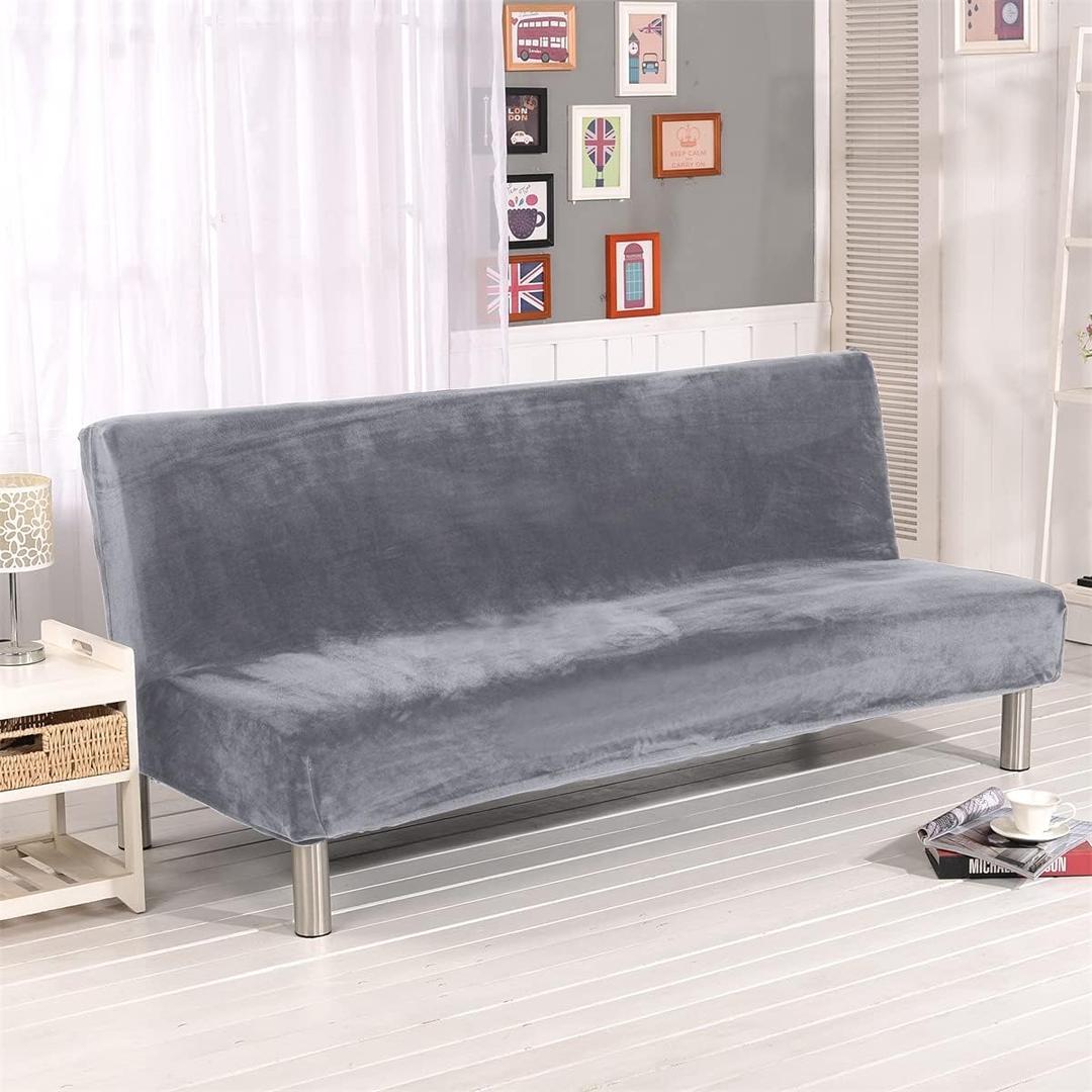 Thick Plush Futon Cover Stretch Armless Sofa Bed Slipcover Soft Couch Sofa Cover Futon Slipcover (Silver Gray)