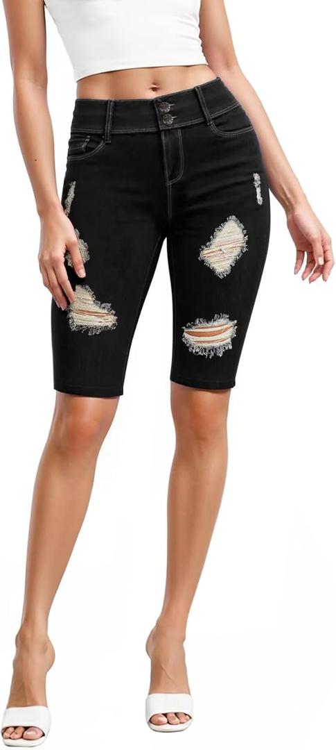 Hybrid & Company Women's Super Comfy Stretch Destructed Denim Bermuda Shorts Capri (7)