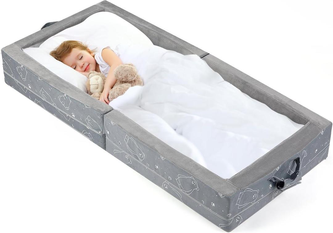 Umoving Portable Toddler Travel Bed Foldable Soft Foam Floor Crib with Washable Cover, Built-in Safety Rails, No Assembly, Compact for Travel & Home Use, Grey