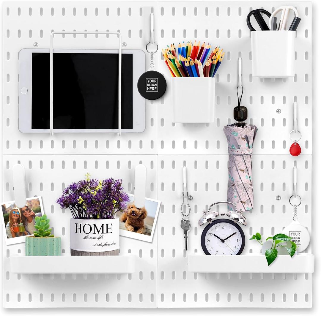 Peg Board, Pegboard Combination kit, 4 Pegboards and 12 Accessories Modular Hanging for Wall Organizer,Suitable for Wall Storage,Crafts Organization,Decorative Display,11''x11'' Each