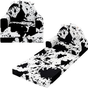 2-in-1 Toddler Chair and Couch  Soft Faux Rabbit Fur, Cow Pattern Design, Fold Out Seat for Reading & Nap, Ages 13