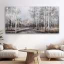 White Birch Tree Wall Art Grey Forest Painting Abstract Canvas Art Landscape Panoramic Picture Nature Artwork Framed for Living Room Bedroom Dinning Room Home Office Wall Decor  58"L x 29"W