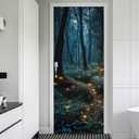 REDAMANCY Mystic Forest Tree Mushroom Firebee Peel and Stick Door Stickers Vinyl 3D Door Mural Decals Decor Wallpaper Self-Adhesive, Waterproof, Removable