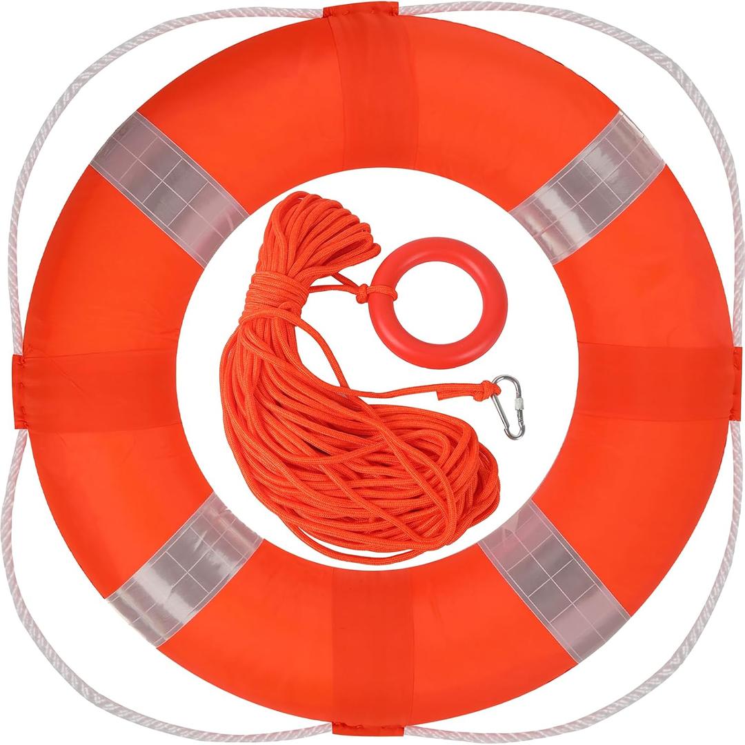 Calvana 20" Foam Life Preserver Ring with 98.4ft Floating Lifesaving Rope, Throwable Flotation Device, Pool Safety Float, for Buoy and Swimming Decoration, Boat Safety Equipment, 1pack