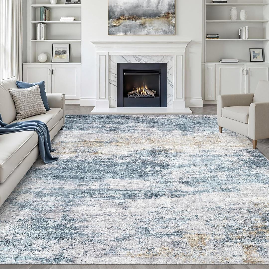 8x10 Area Rugs Living Room: Washable Large Neutral Rug Abstract Soft Modern Stain Resistant Indoor Floor Non-Slip Carpet for Bedroom Nursery Kids Office Playroom Dining Room Under Table- Blue Gold