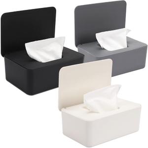 NOVWANG 3 Pack Baby Wipes Dispenser Wipe Holder with Lids, Keeps Wipes Fresh, Refillable Wipes Container with Sealing Design, Bathroom Tissues Wipes Case Box (1 Black, 1 White, 1 Grey)