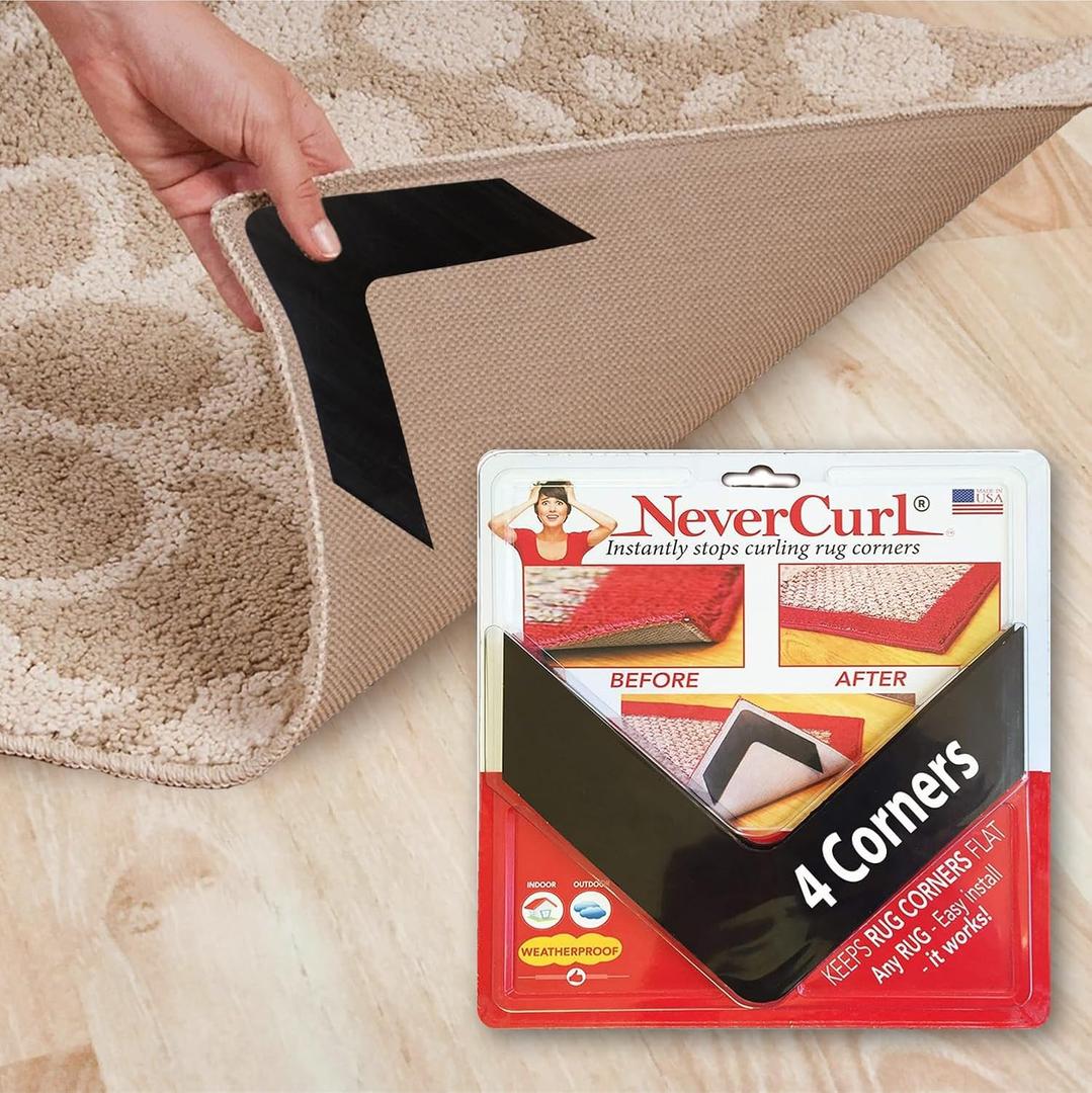 NeverCurl Best V Shape Design Rug Corner Gripper to Instantly Stops Corner Curling - Safe for Wood Floors - For Indoor & Outdoor Rugs - Carpet / Rug Tape - Not An Anti-Slip Pad - Rug Grip (4 Pack)