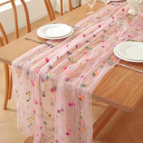 Wijiwevol Pink Embroidery Daisy Fall Table Runner 28x120Inch, Florals Soft Sheer Tulle Fabric Table Runner for Home Decor, Birthday, Wedding, Baby Shower ,Holiday ,Parties, DIY Craft, 1PC