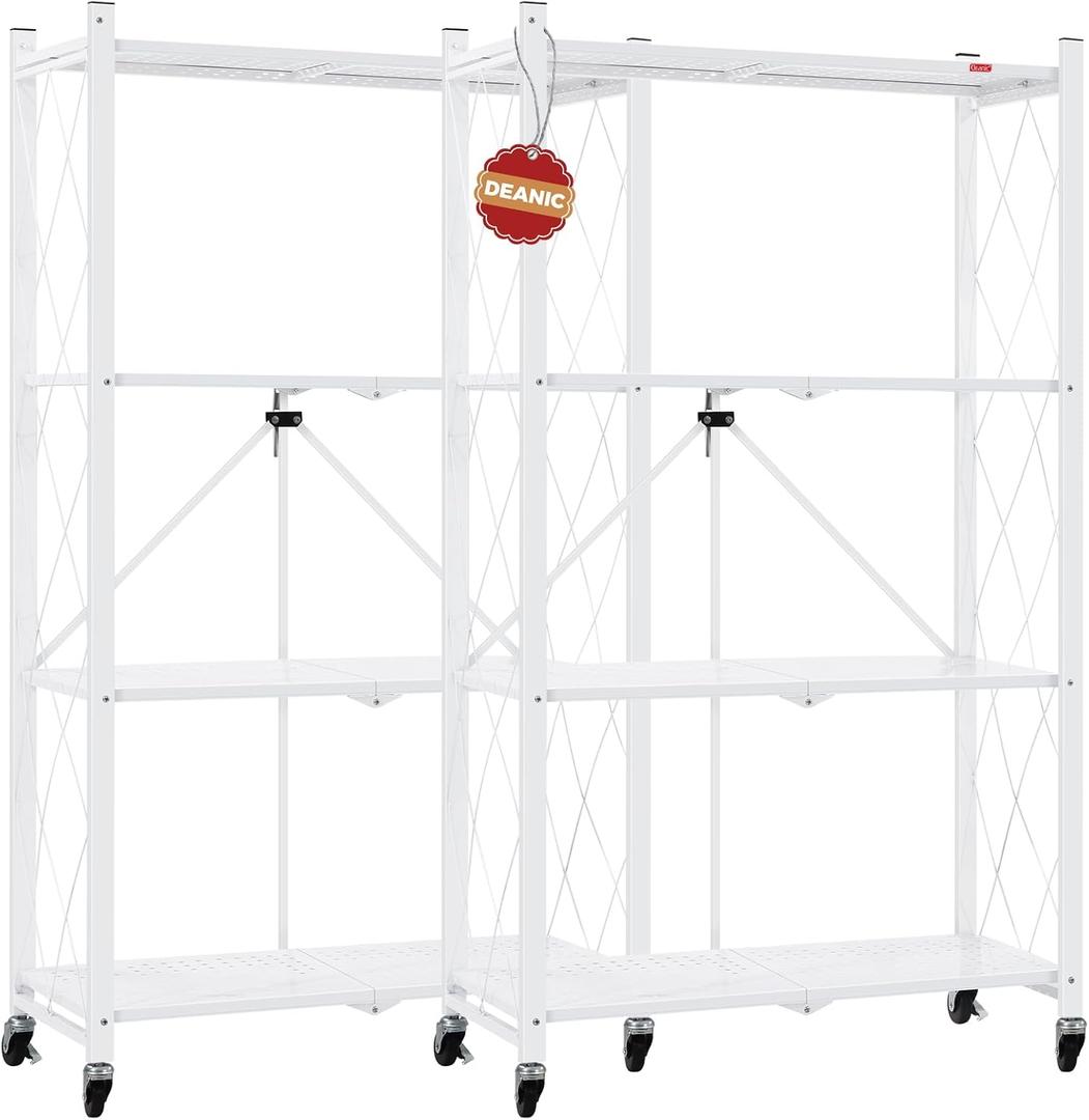 DEANIC 4 Tier Foldable Storage Shelves with Wheels, Large Capacity Shelving Unit, Freestanding Metal Wire Shelf Rack, No Assembly Organizer Rack for Garage Kitchen, Basement, Pantry(White Pack of 2), 50in