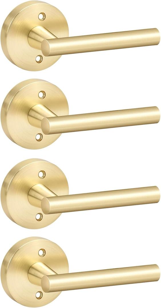 Goldenwarm 4 Pieces Gold Dummy Door Handle, Non-Turning Brushed Gold Door Handles for Bifold Closet Doors, Single Side Lever Heavy Duty Round Modern Door Handle