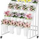 Flower Display Stand with 16 Buckets, 4 Layers Flower Bar, White Metal Plant Stand with Wheels, Heavy Duty Flower Cart for Indoor Outdoor Patio Garden Wedding Florist, White Metal Frame