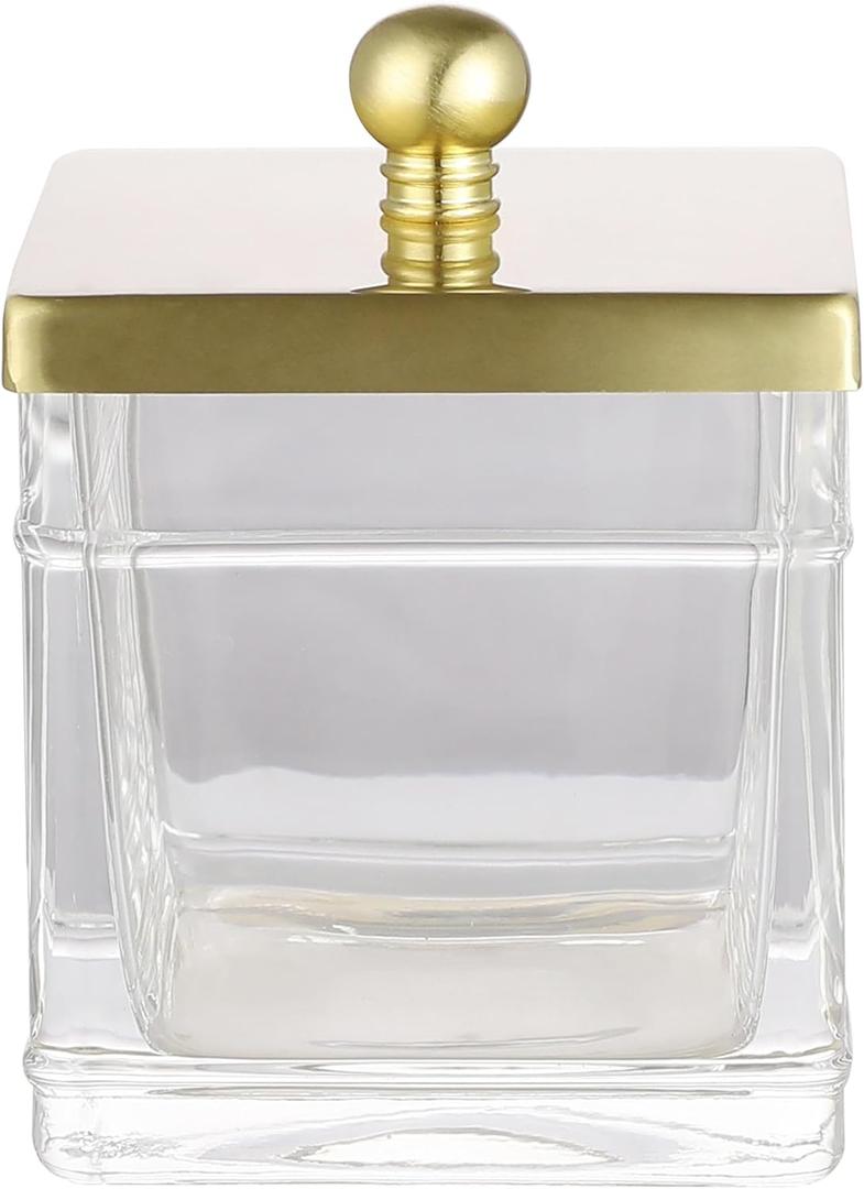 Glass Cotton Jar Holder - Brushed Gold Lid, Elegant Bathroom Storage Canister for Qtips, Cotton Balls, Floss, Makeup Organizer, Vanity & Bathroom Organization