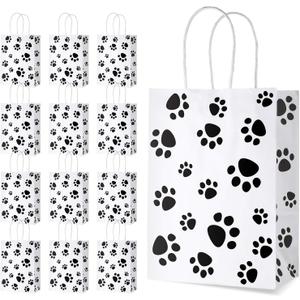 Blulu 20 Pcs Puppy Dog Paw Gift Bags with Paper Twist Handles, Dog Gift Paper Paw Treat Goodie Bags for PET Treat Party Favor, 6.3 x 3.1 x 8.6 Inch (White Backing)