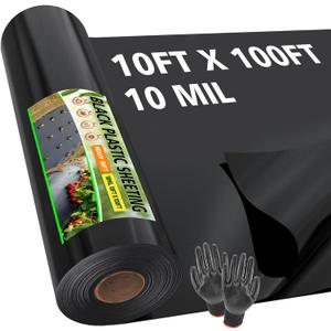 10ft x 100ft 10 Mil Black Plastic Sheeting Heavy Duty, LLDPE Vapor Barrier for Crawl Space Encapsulation, Moisture Barrier Film for Basement, Landscaping, Greenhouse & DIY (with Gloves), 10X100 FT - 10 MIL