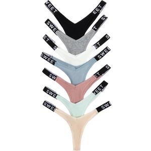 Verdusa Women's 7Pcs G String Thongs Cheeky Low Rise Letter Print Tape Underwear Pack Panties Briefs (Multicolor) S