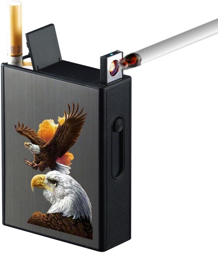 Cigarette Case with Lighters Full Pack 20pcs Regular Cigarettes Box Rechargeable Windproof Flameless Electric Protable Lighter (Eagle)