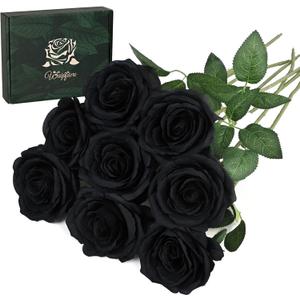 Waipfaru 8 Pcs Artificial Flowers Fake Silk Black Roses Bulk, Faux Real Touch Roses Bouquet with Long Stem for Wedding Party Home Decor (Black)