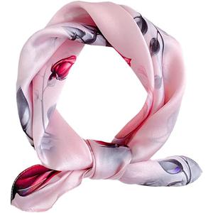 Mulberry Silk Scarfs Neck Scarf 21" Small Square Scarfs hair scarf bandana Neckerchief Headscarf for Women (Pink Flower)