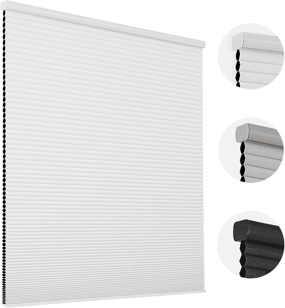 Joydeco Cordless Cellular Shades, Blackout Honeycomb Blinds for Indoor Windows, Thermal Insulated Noise Reduction (White, 25" W x 48" H)