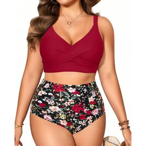 Plus Size Two Piece Swimsuit - High Waisted Bikini Set Tummy Control Bathing Suits for Women (Red Floral, 18 Plus)