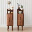 Narrow Nightstand Set of 2, Wood 2 Drawer Small Nightstand, Slim Side Table, Modern Skinny End Bedside Table, Natural Wood Night Stand with Drawers for Bedroom (Walnut-2 pcs), 15.75"D x 7.87"W x 25.59"H