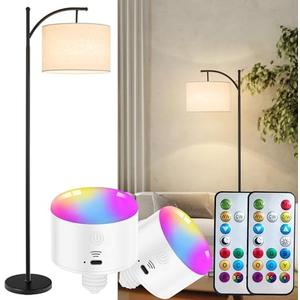 Battery Operated Cordless Lamp with Remote Control - Dimmable Modern Tall Standing Lamp with Linen Shade - 3 Color Temperatures LED Bulb Included