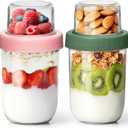 16+4oz Glass Yogurt Parfait Cups with Lids, Reusable Containers with Dry & Wet Separation, Leak-Proof for Overnight Oats, Meal Prep, Portable to Work & School, Easy Clean 2 Pack (Pink+Green)