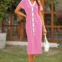 BTFBM Women Casual Summer Dresses Short Sleeve Striped Midi Dresses Decorative Button Ribbed Knit Dresses Party Dresses(Rose Red,X-Large)