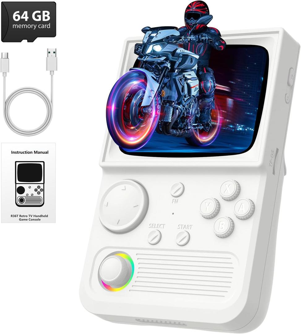 R36T Retro Handheld Game Console, Portable Retro Gaming Console with 3.5 CRT-Inspired Screen, 3500mAh Arcade Classics, Supports Multiple Emulators, WiFi Network Battling, 64GB (White)