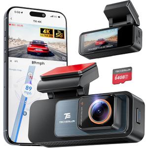 TECXLERON Dash Cam, 4K Full HD Dash Camera for Cars, Built-in GPS and Wi-Fi, 64GB SD Card Included, 160° Wide Angle Lens, Night Vision, G-Sensor, Loop Recording, 24H Parking Monitor
