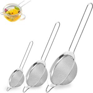 3Pcs Fine Mesh Strainer with Handle, Small Medium Large Size Sieve Strainers Set, Stainless Steel Sifter Colander for Kitchen Baking Juice Quinoa Food Flour