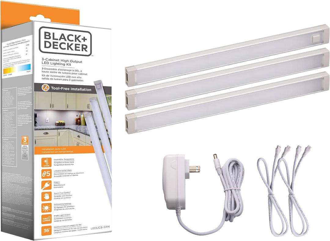 BLACK+DECKER LED Under Cabinet Lighting Kit, 3-Bars, 9 Inches Each, DIY Tool-Free Installation, Warm White, 2700K, 1080 Lumens, 15 Watts, Home Accent (LEDUC9-3WK)