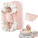 Baby Lounger Pillow, 2-in-1 Infant Lounger Pillow for Newborn 0-24 Months for Tummy Time, 2 Sides Soft & Breathable 100% Cotton Cover, Portable Baby Nest, Newborn Essentials & Gifts for Babies (Pink)