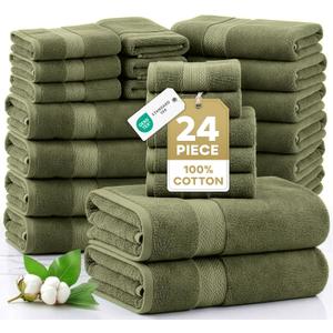 LANE LINEN Cotton Towels for Bathroom - 24 PCs - Highly Absorbent, Durable & Soft - 4 Bath, 4 Fingertip, 6 Hand Towels, 8 Washcloths, 2 Bath Sheets - Family Bundle Pack - Oil Green