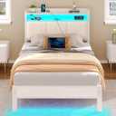 Rolanstar Bed Frame Twin Size with Charging Station and LED Lights, Upholstered Headboard with Storage Shelves, Heavy Duty Metal Slats, No Box Spring Need, Noise Free, Easy Assembly, White