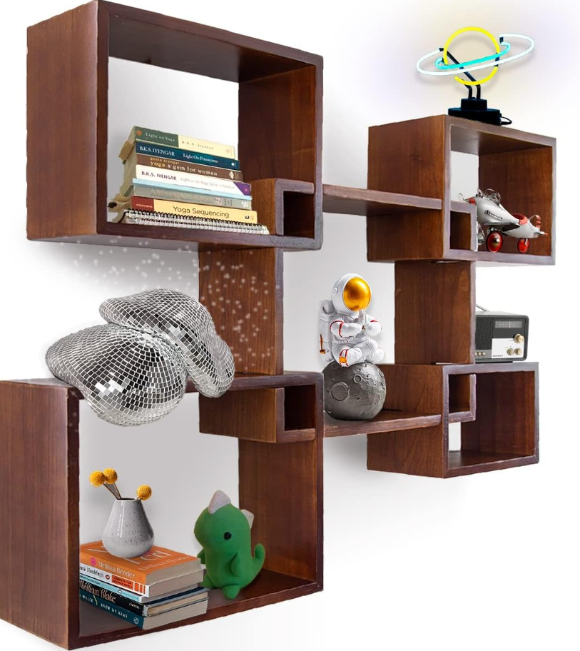 Comfify Modern Wall Mounted Square Shaped Floating Shelves – Set of 5 Square Shelves for Bathroom, Bedroom, Living Room & More – Rustic Wall Decor Display for Home  Brown