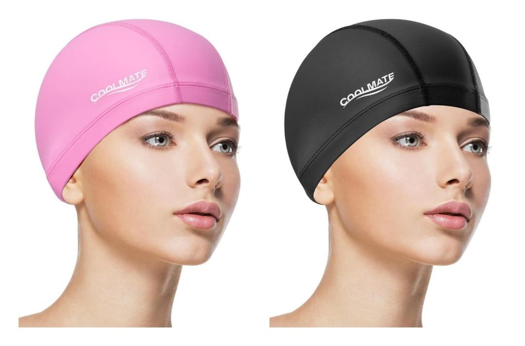 COOLMATE Fabric Swim Cap for Women, Men & Kids – Silicone Water Resistant Layer, Lightweight Cloth Cap for Pool & Lap Swimming – Non-Slip Comfortable Fit, Gift for Swimmers (2 Pack) Size М, Black and Pink