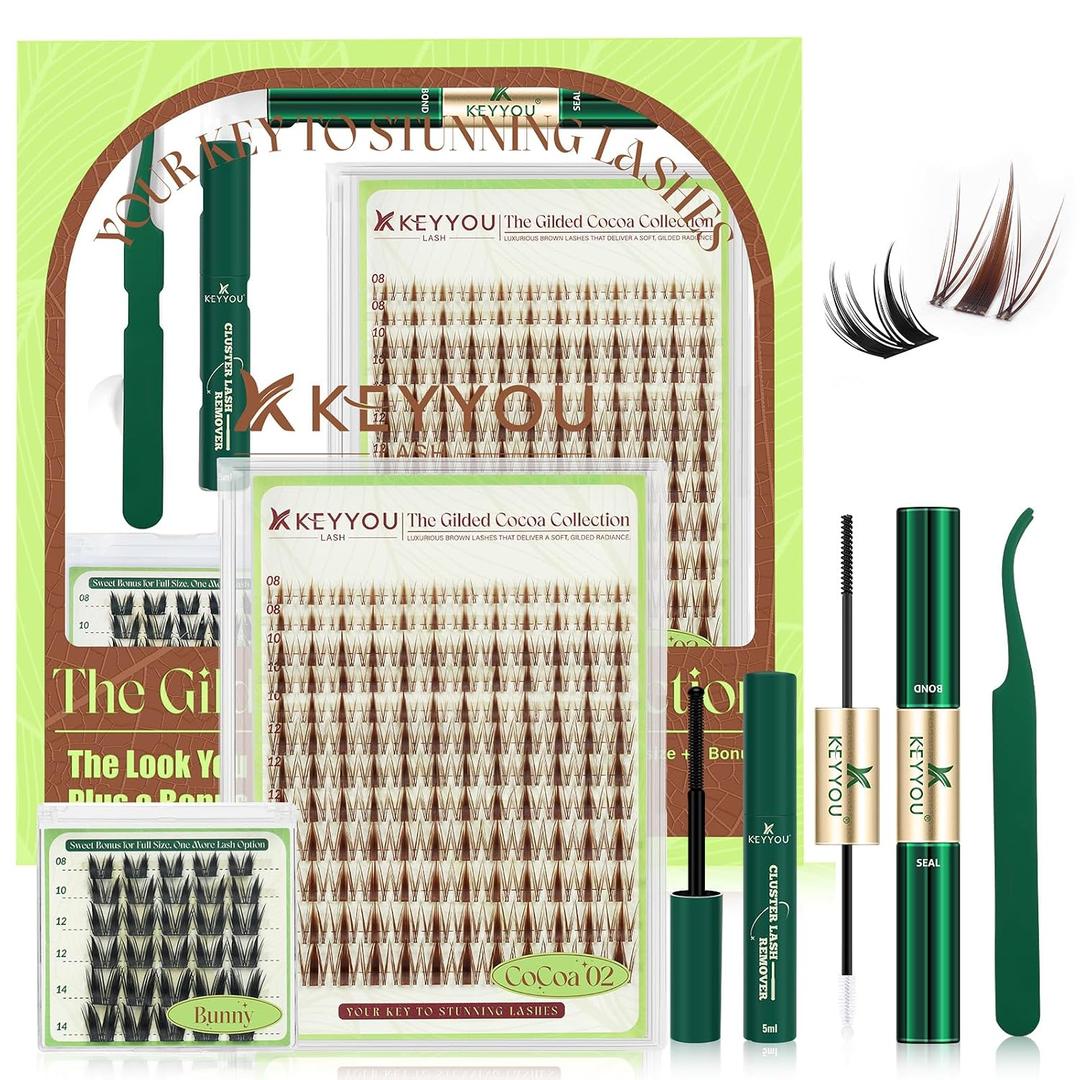 KEYYOU Brown Fairy Lash Clusters Kit - Spiky Anime C Curl Manga 8-16mm Lash Extension Kit Includes Bonus Bunny Black Lashes with Bond and Seal, Remover & Applicator for DIY At Home (CoCoa02)