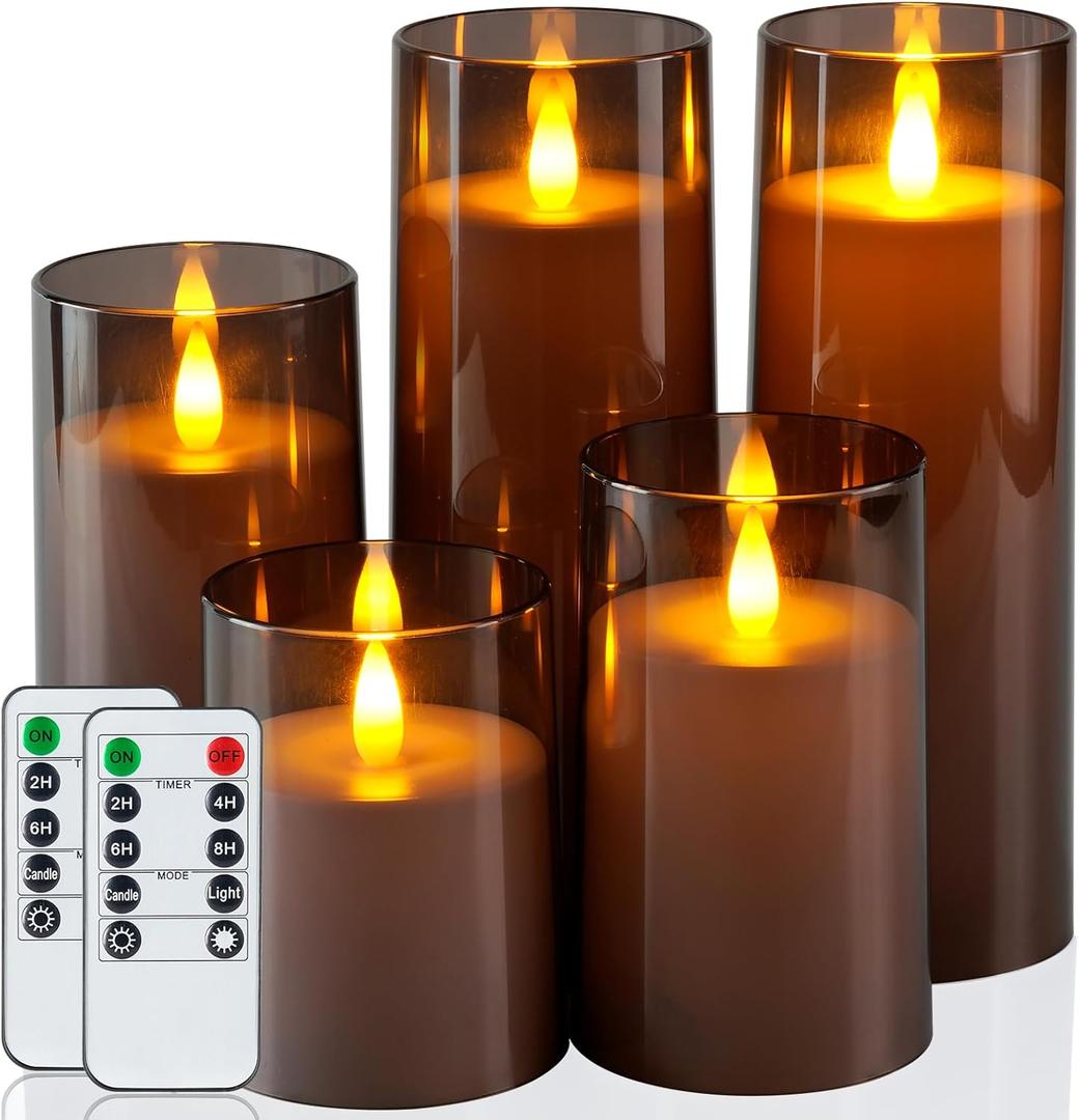 Homemory Realistic Flickering Flameless Candles, Battery Operated Candles, LED Fake Electric Candle with Remote Control and Timer for Home, Christmas Decoration, Grey, Set of 5 (D3"xH4"5"6"8"8", Gray)