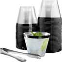 100 Black Rimmed Plastic Cups and 1 Silver Ice Tong Set - 9 Ounce Disposable Cocktail Glasses - Plastic Wine Cups - Black Party Decorations - Wedding Party Supplies