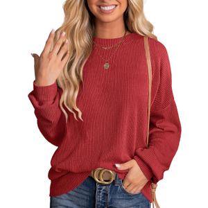 ANRABESS Womens Oversized Long Sleeve Shirts Ribbed Knit Tunic Tops Side Spilt Casual 2025 Fall Outfits (Medium, Red)