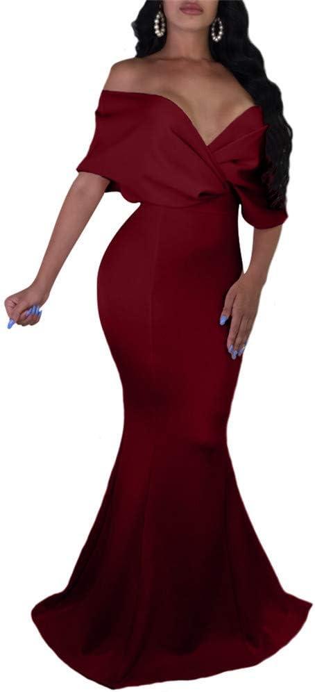 GOBLES Women Sexy V Neck Off The Shoulder Evening Gown Fishtail Maxi Dress (XL, Wine Red)
