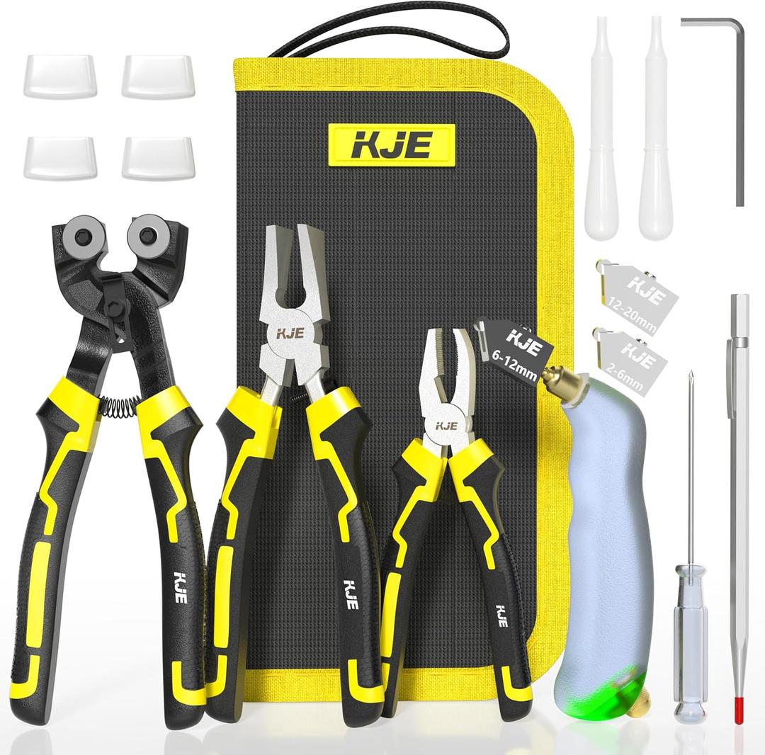 KJE 15PCS Glass Cutters Tools, 8" Wheeled Glass Tile Nippers, 8" Running Pliers, 6" Breaker Grozer Pliers, Oil Feed Glass Cutter Kit with 3 Size Cutter Head for Mosaic Cutting with Zipper Bag