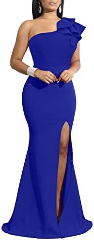 YMDUCH Women's Sexy Sleeveless One Shoulder Ruffle High Split Party Evening Long Formal Dress, Large